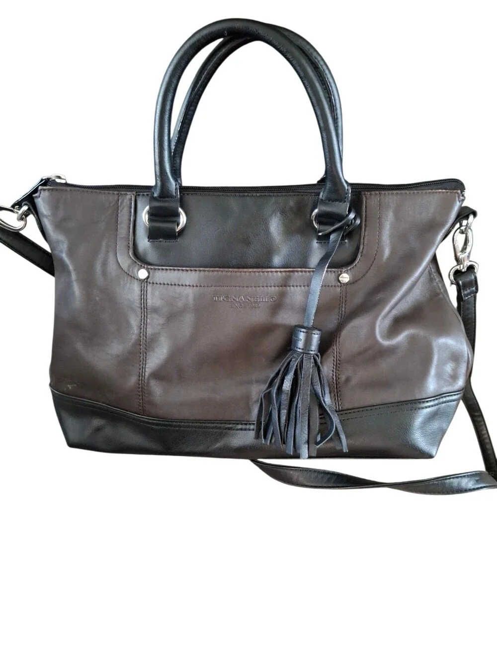 Tignanello Two Tone Convertible Leather Satchel with Crossbody Strap